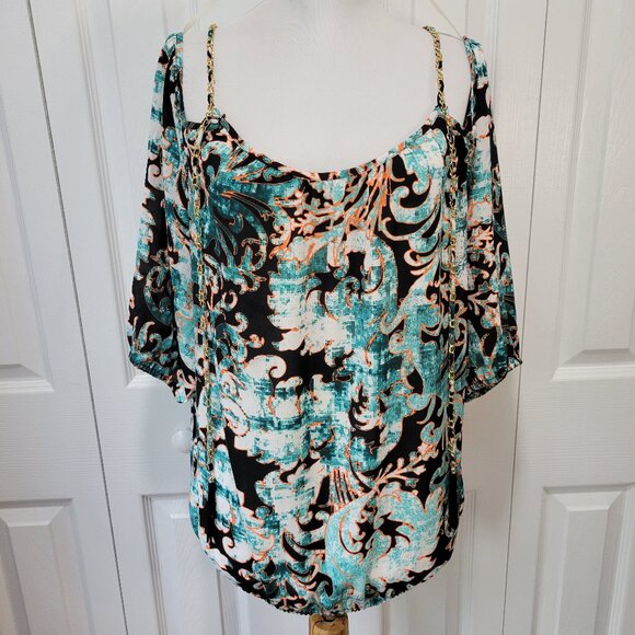 THALIA SODI Cold Shoulder Green Orange Filigree Pattern Gold Chain Top sz L EUC - Picture 1 of 7